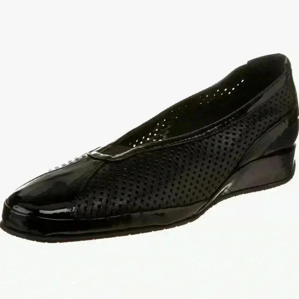 Amalfi by Rangoni | “Erana” Low Wedge Flats, Patent &?Perforated Leathers